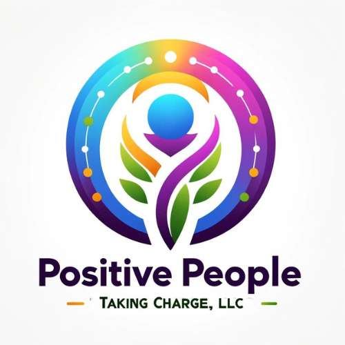 Copy of Untitled Design "Positive People Taking Charge, LLC" incorporating the colors of the rainbow and purple. The design aims to be clean, modern, and uplifting, reflecting the support and positivity offered by the counseling agency.
